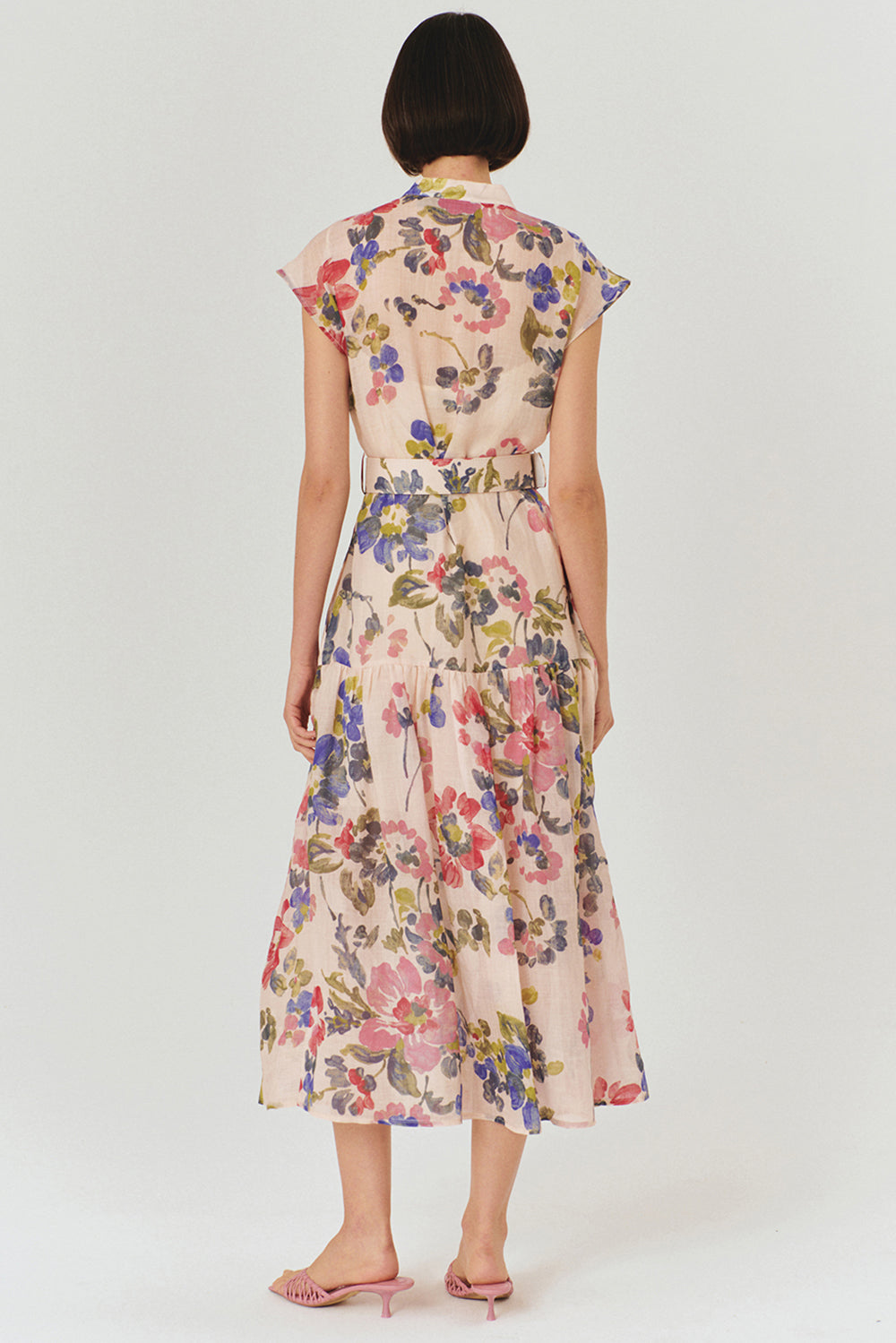 Exquise-Bisiklet Yaka önden Düğmeli Bele Oturan Kolsuz Floral Desen Elbise-ELBİSE-3-Milagron.com