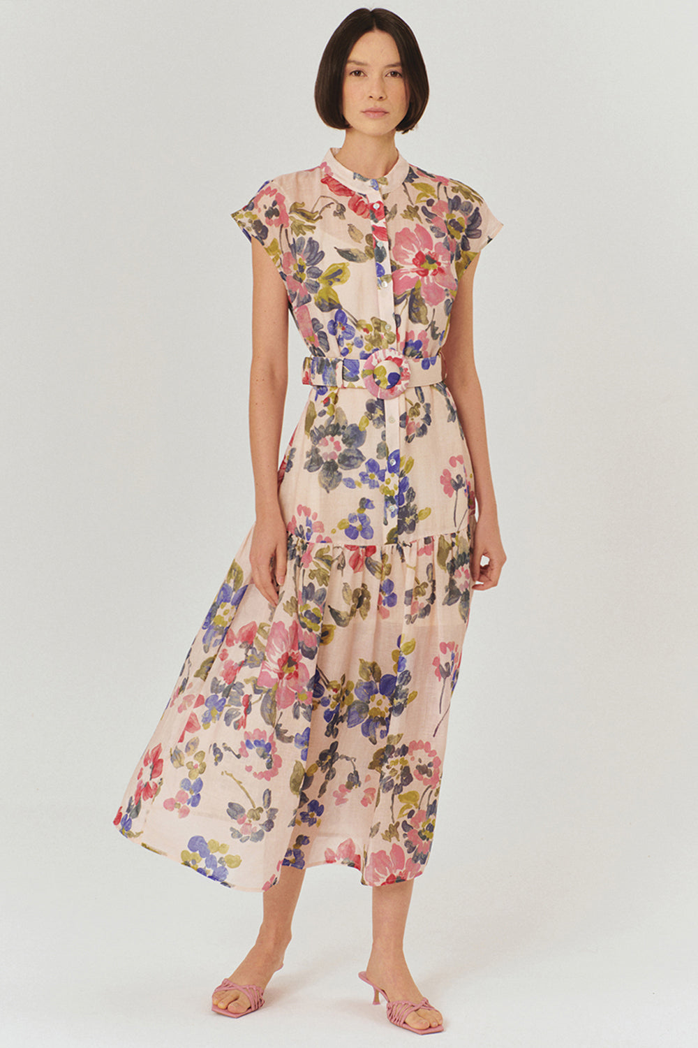 Exquise-Bisiklet Yaka önden Düğmeli Bele Oturan Kolsuz Floral Desen Elbise-ELBİSE-4-Milagron.com