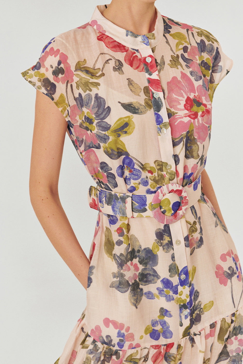 Exquise-Bisiklet Yaka önden Düğmeli Bele Oturan Kolsuz Floral Desen Elbise-ELBİSE-5-Milagron.com