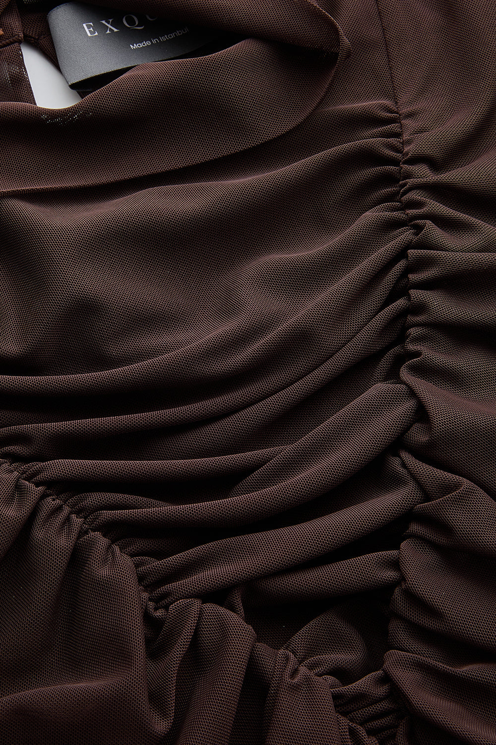 Exquise-Boğazlı Drapeli Uzun Kollu Slim Fit Kahve Tül Bluz-BLUZ-7-Milagron.com