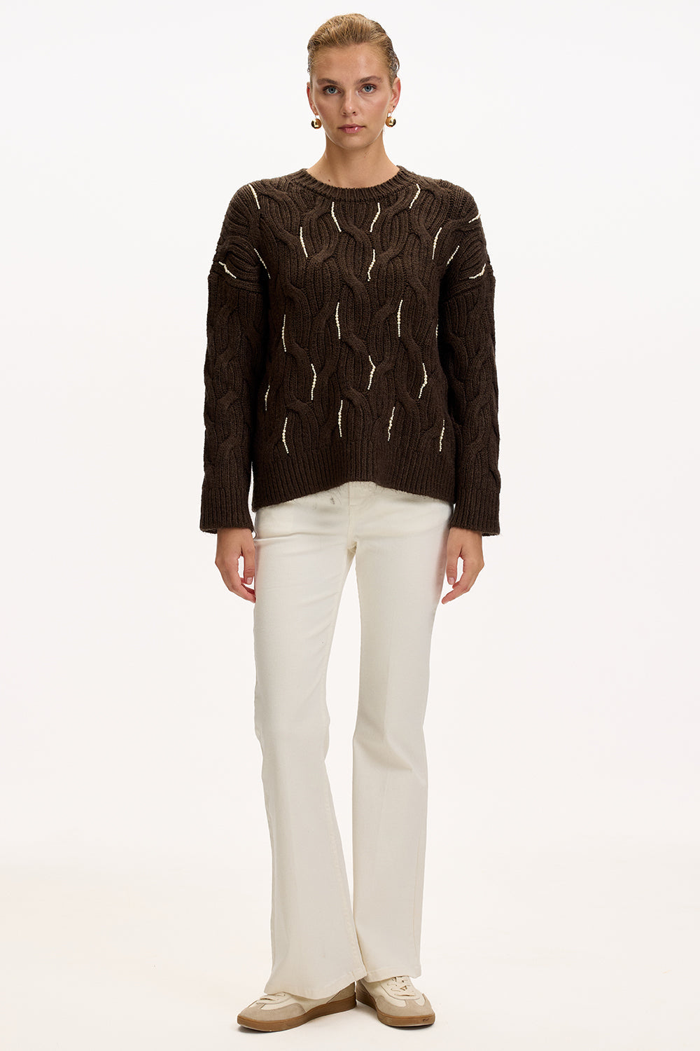 Exquise-Boncuk İşlemeli Bisiklet Yaka Regular Triko Kahve Bluz-BLUZ-2-Milagron.com