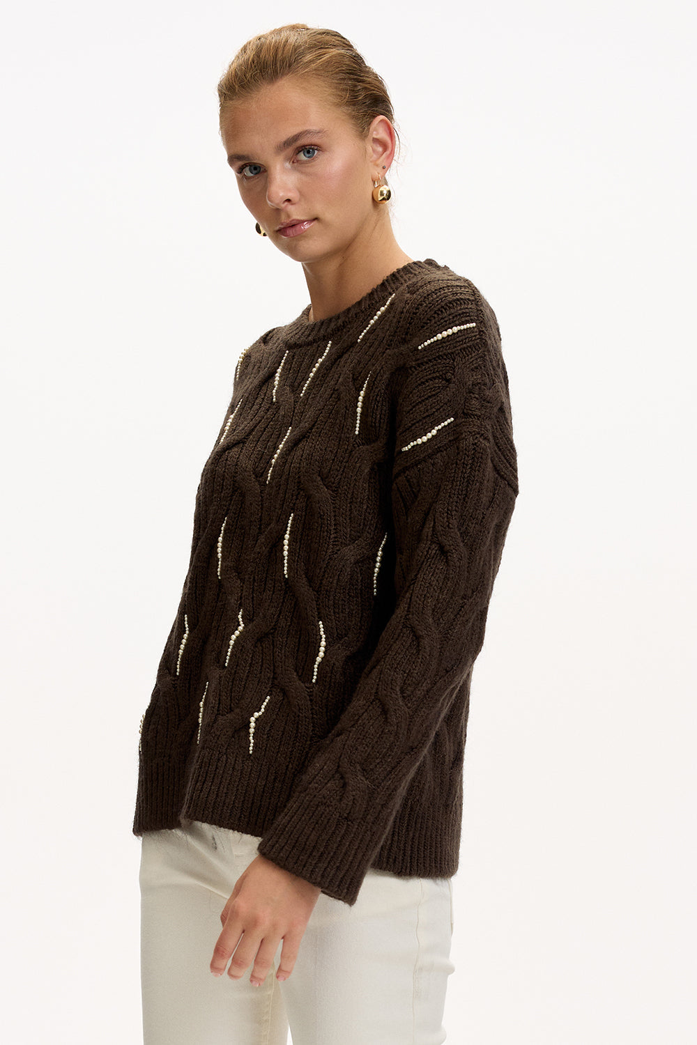 Exquise-Boncuk İşlemeli Bisiklet Yaka Regular Triko Kahve Bluz-BLUZ-3-Milagron.com