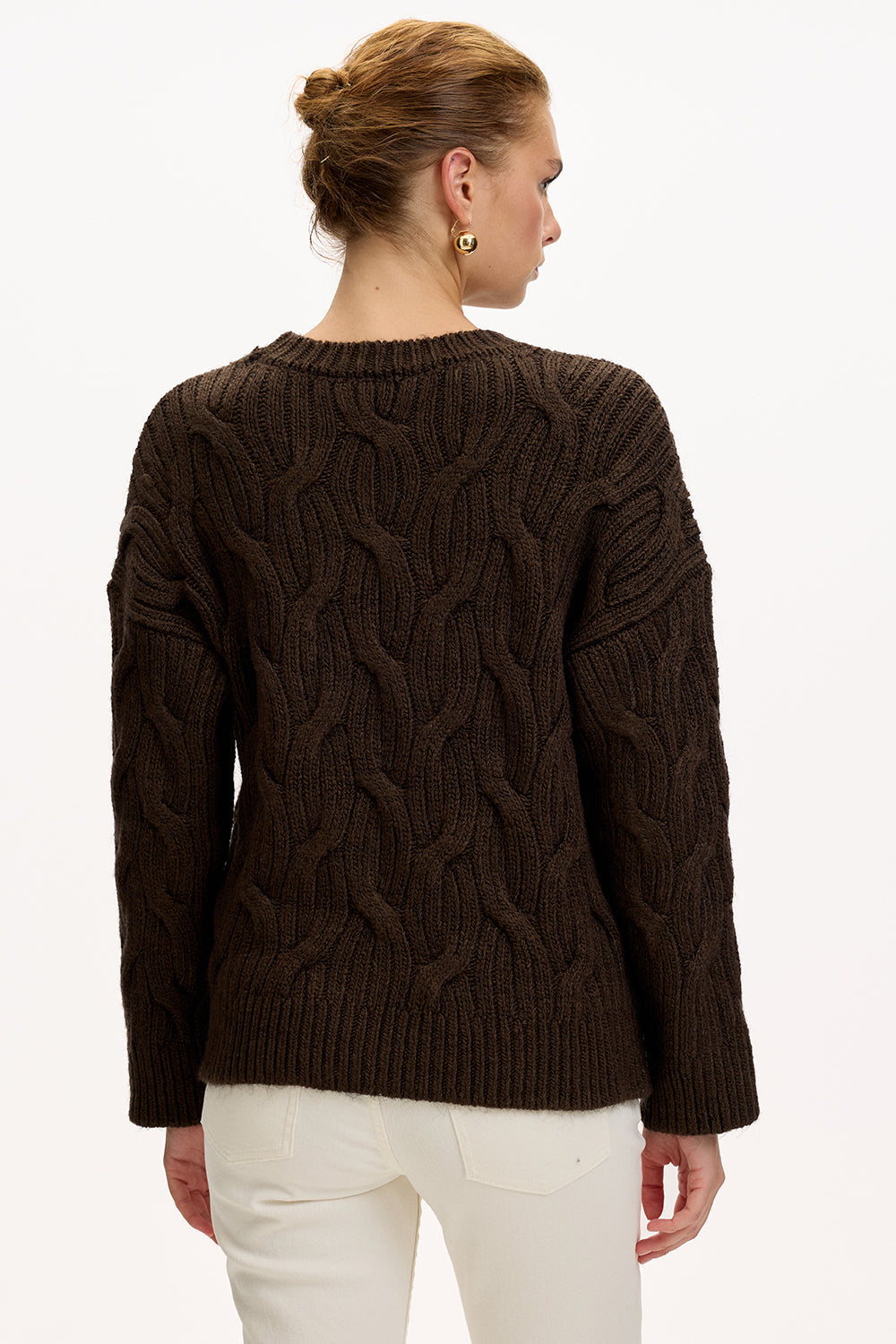 Exquise-Boncuk İşlemeli Bisiklet Yaka Regular Triko Kahve Bluz-BLUZ-5-Milagron.com