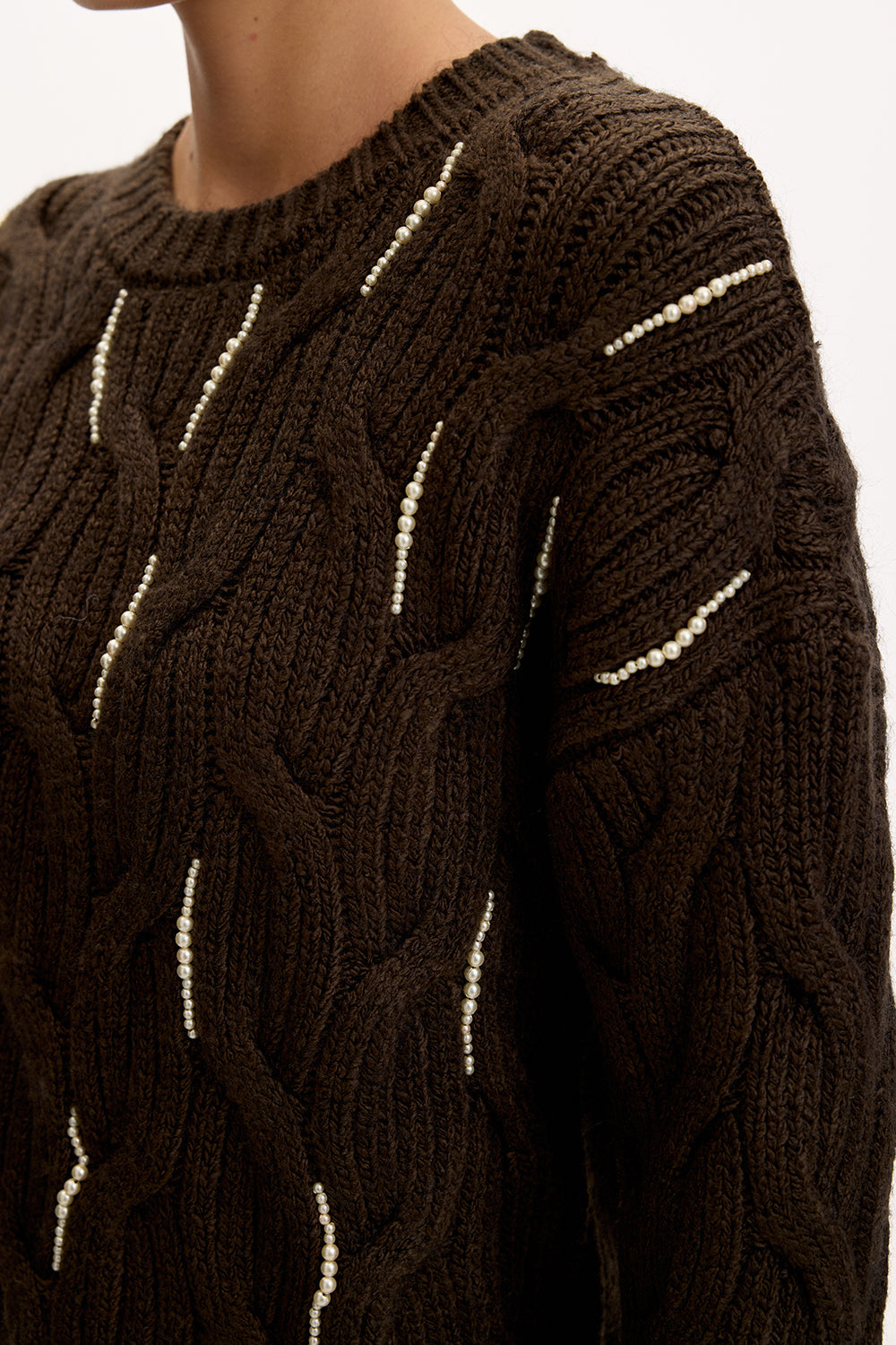 Exquise-Boncuk İşlemeli Bisiklet Yaka Regular Triko Kahve Bluz-BLUZ-6-Milagron.com