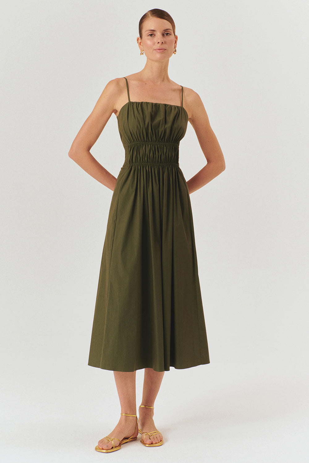 Exquise-Büzgü Detaylı Bele Oturan A Kesim Haki Elbise-ELBİSE-1-Milagron.com