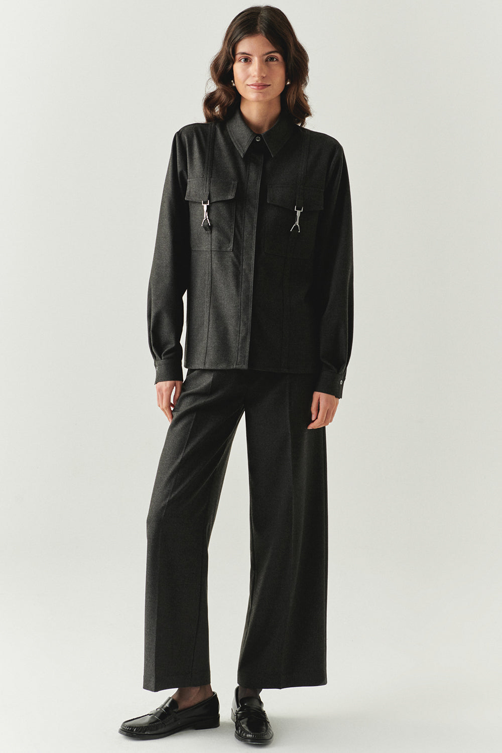 Exquise-Cepleri Aksesuarlı Uzun Kol Regular Dokuma Gri Gömlek-GÖMLEK-5-Milagron.com