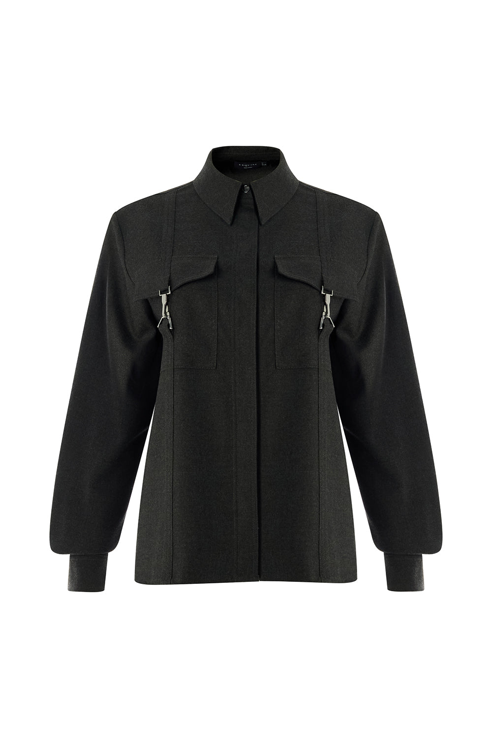 Exquise-Cepleri Aksesuarlı Uzun Kol Regular Dokuma Gri Gömlek-GÖMLEK-7-Milagron.com