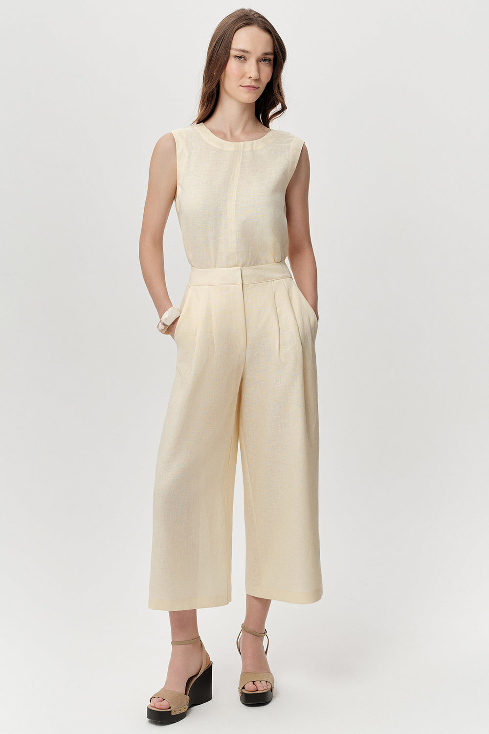Cepli Fermuarlı Culotte Regular Keten Tereyağı Pantolon