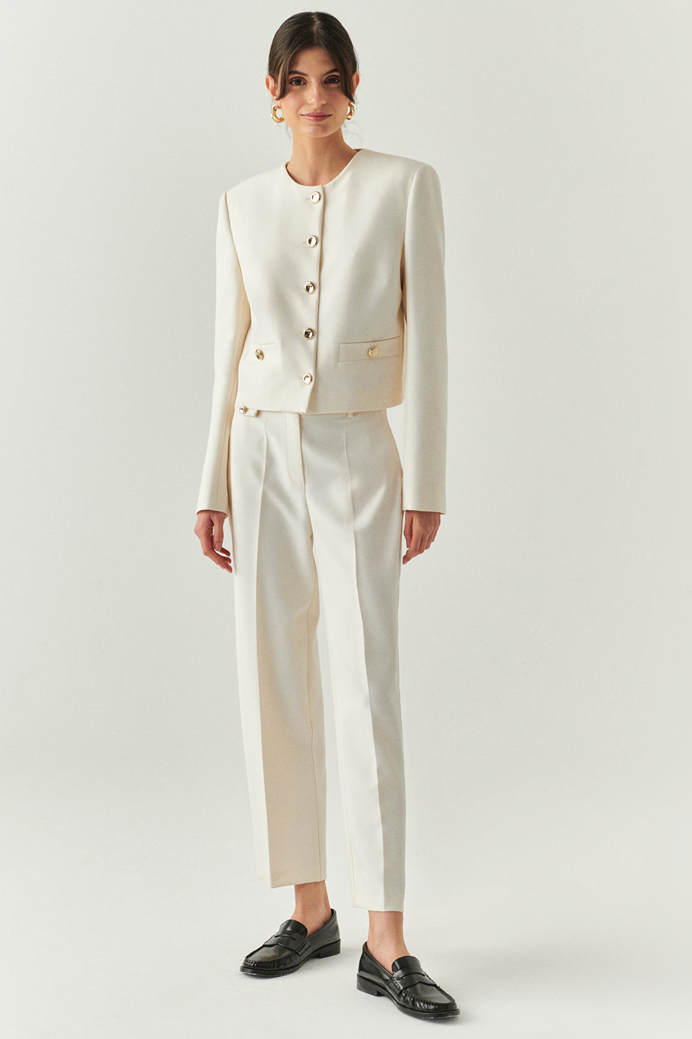 Exquise-Cepli Regular Yüksek Bel Dokuma Krem Pantolon-PANTOLON-1-Milagron.com