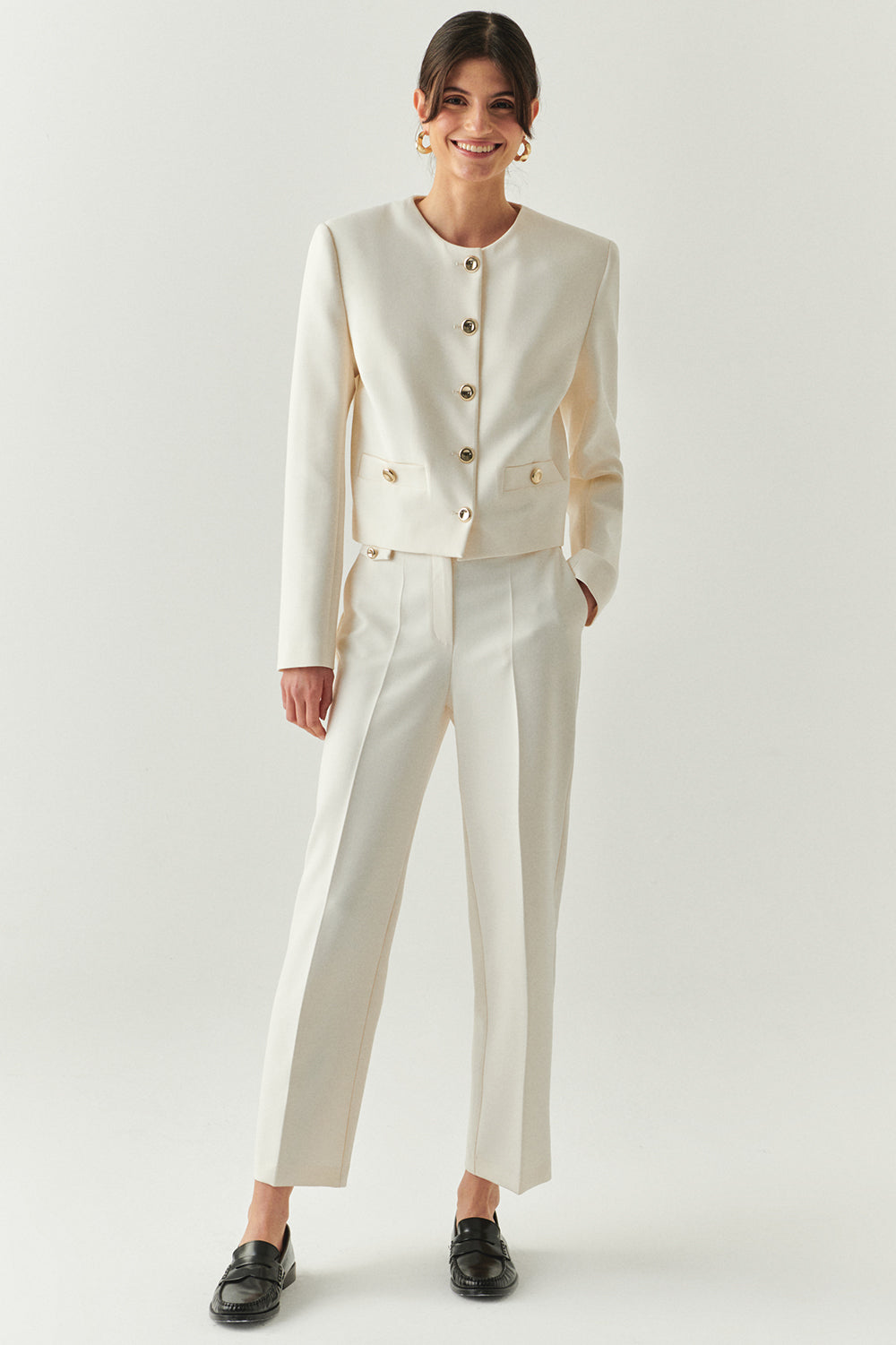 Exquise-Cepli Regular Yüksek Bel Dokuma Krem Pantolon-PANTOLON-4-Milagron.com