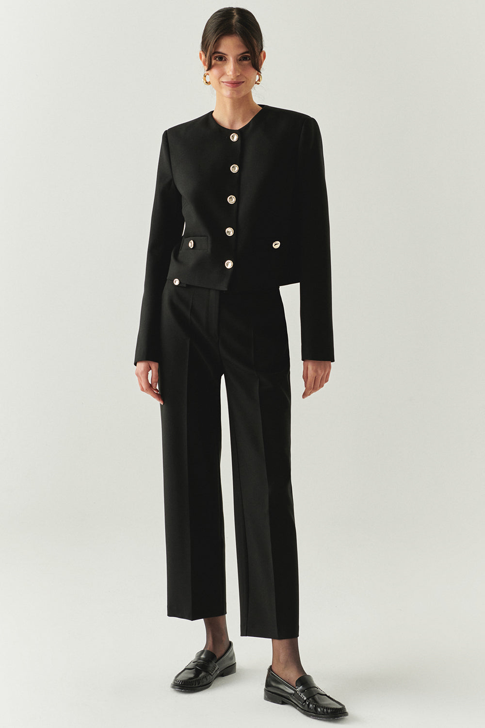 Exquise-Cepli Regular Yüksek Bel Dokuma Siyah Pantolon-PANTOLON-1-Milagron.com