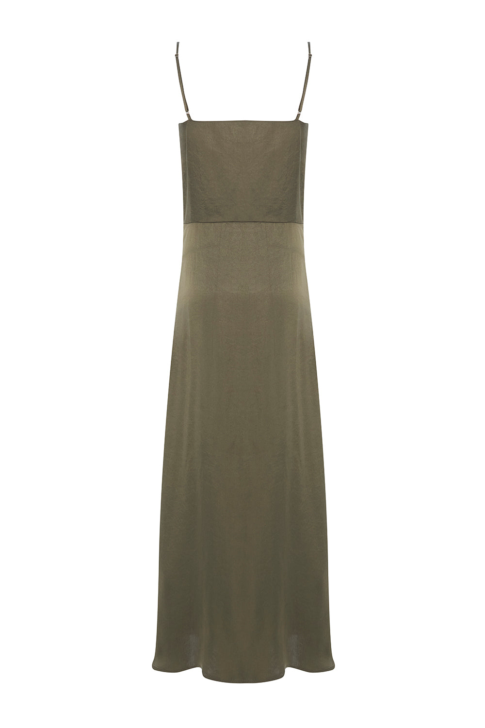 Exquise-Dantel Detaylı Askılı Regular Saten Midi Haki Elbise-ELBİSE-8-Milagron.com