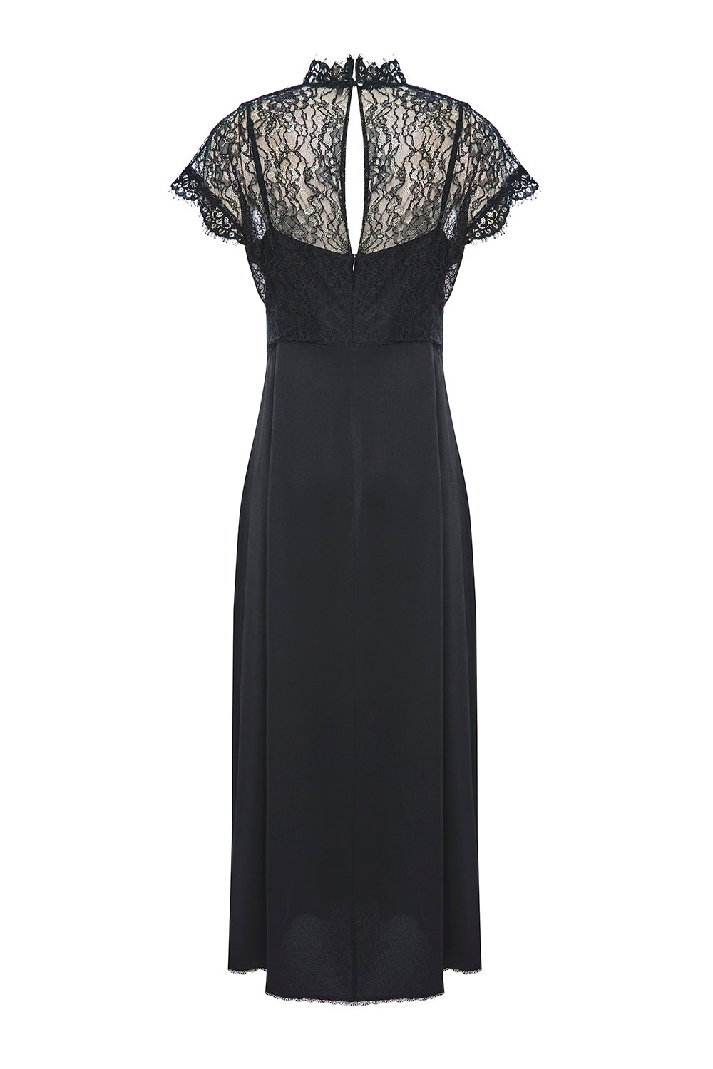 Exquise-Dantel Detaylı Kısa Kollu Regular Saten Midi Siyah Elbise-ELBİSE-7-Milagron.com