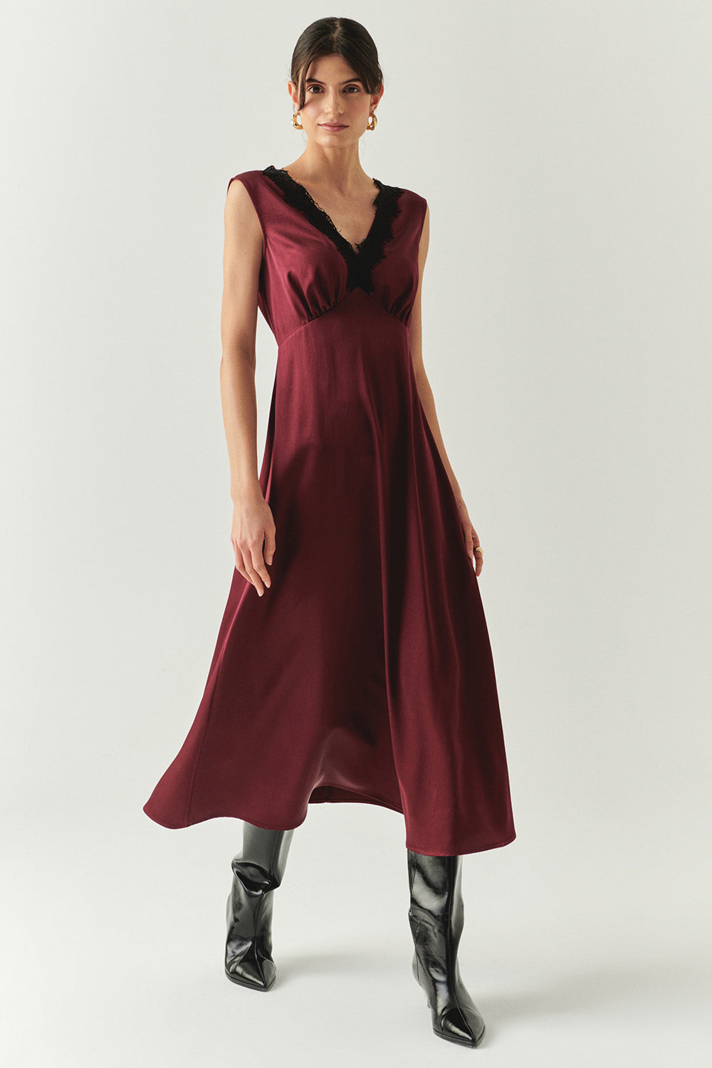 Exquise-Dantel Yaka Detaylı Regular Saten Midi Vişne Elbise-ELBİSE-2-Milagron.com