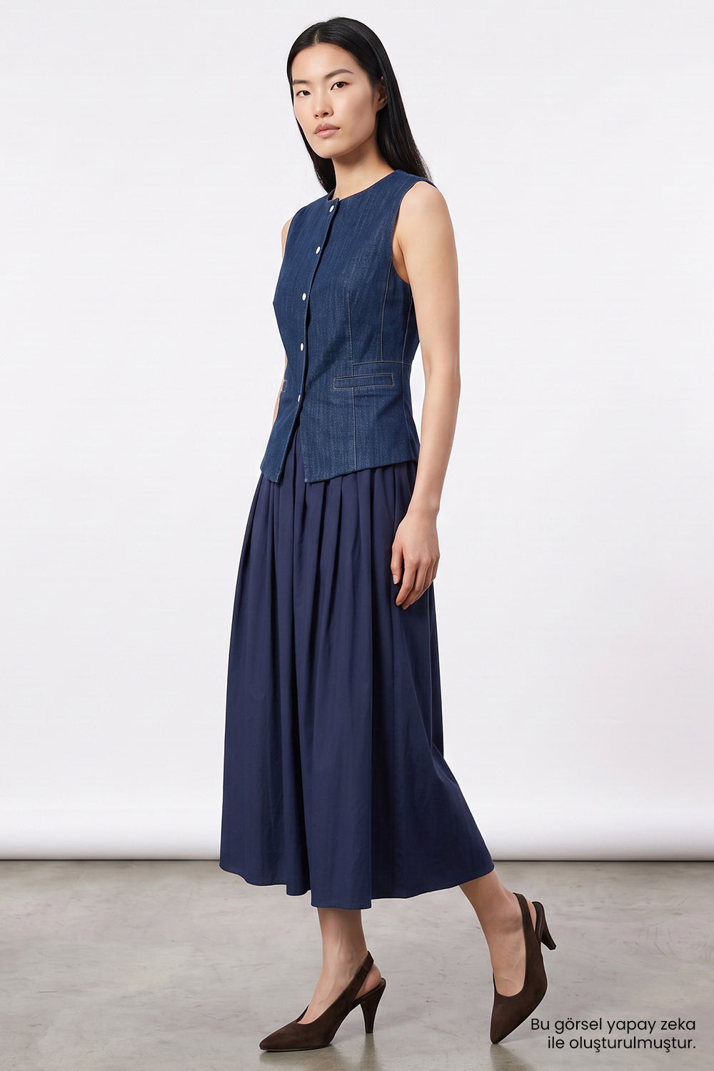 Denim Garnili Fermuarlı Regular Midi Mavi Elbise