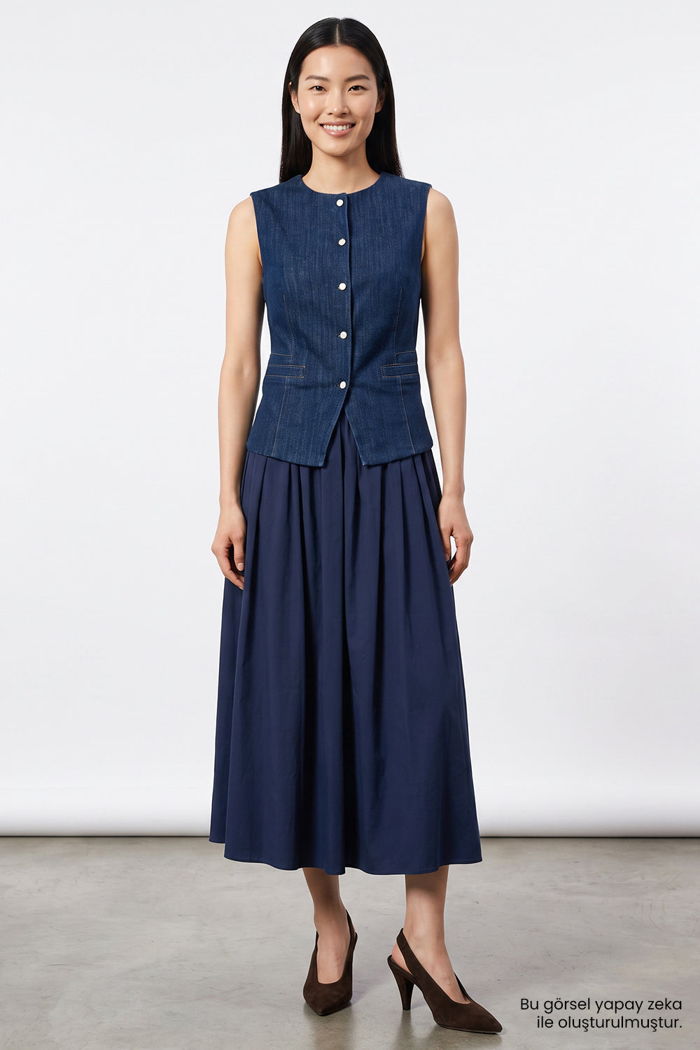 Denim Garnili Fermuarlı Regular Midi Mavi Elbise