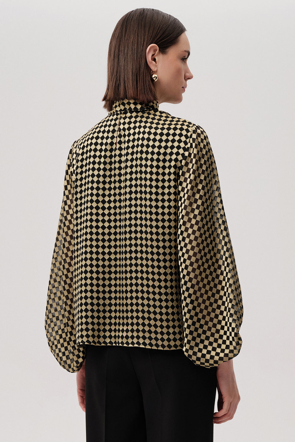 Exquise-Desenli Balon Kol Bağlamalı Gold Siyah Bluz-BLUZ-4-Milagron.com