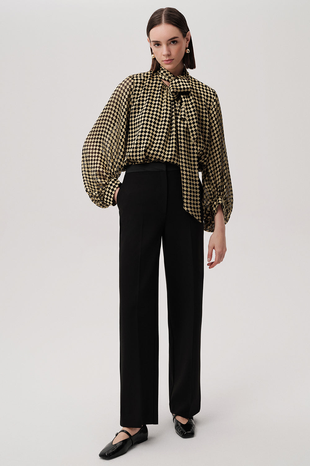 Exquise-Desenli Balon Kol Bağlamalı Gold Siyah Bluz-BLUZ-5-Milagron.com