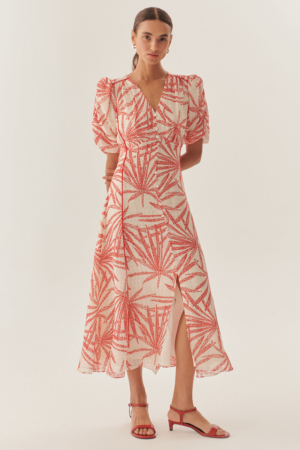 Exquise-Desenli Balon Kol V Yaka Düğmeli Regular Midi Rayon şifon Elbise-ELBİSE-7-Milagron.com