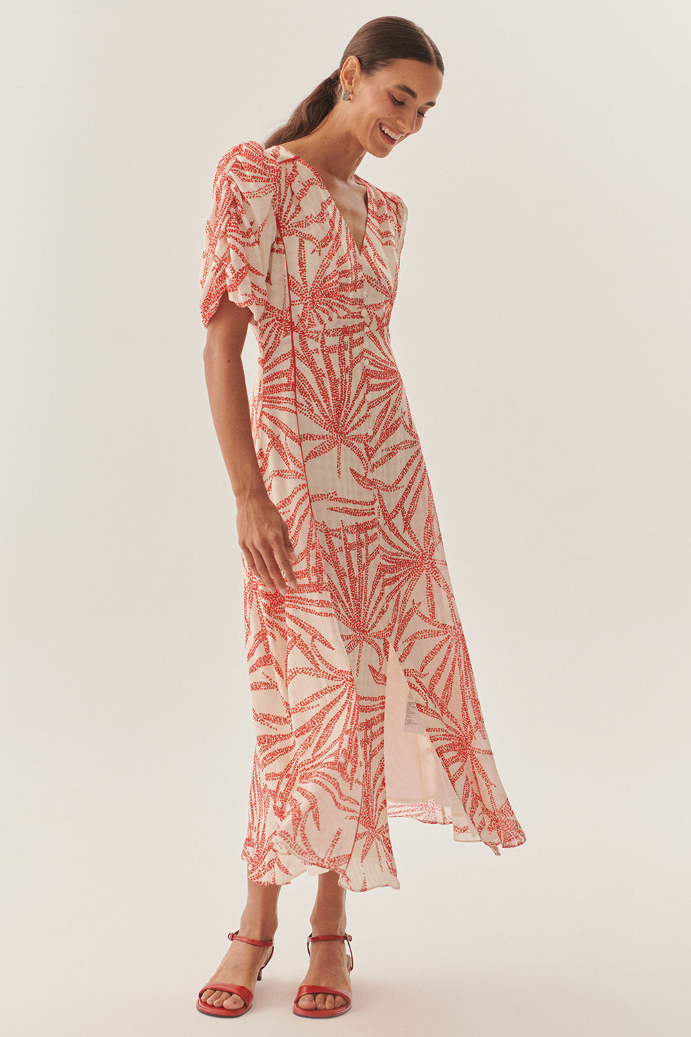 Exquise-Desenli Balon Kol V Yaka Düğmeli Regular Midi Rayon şifon Elbise-ELBİSE-9-Milagron.com