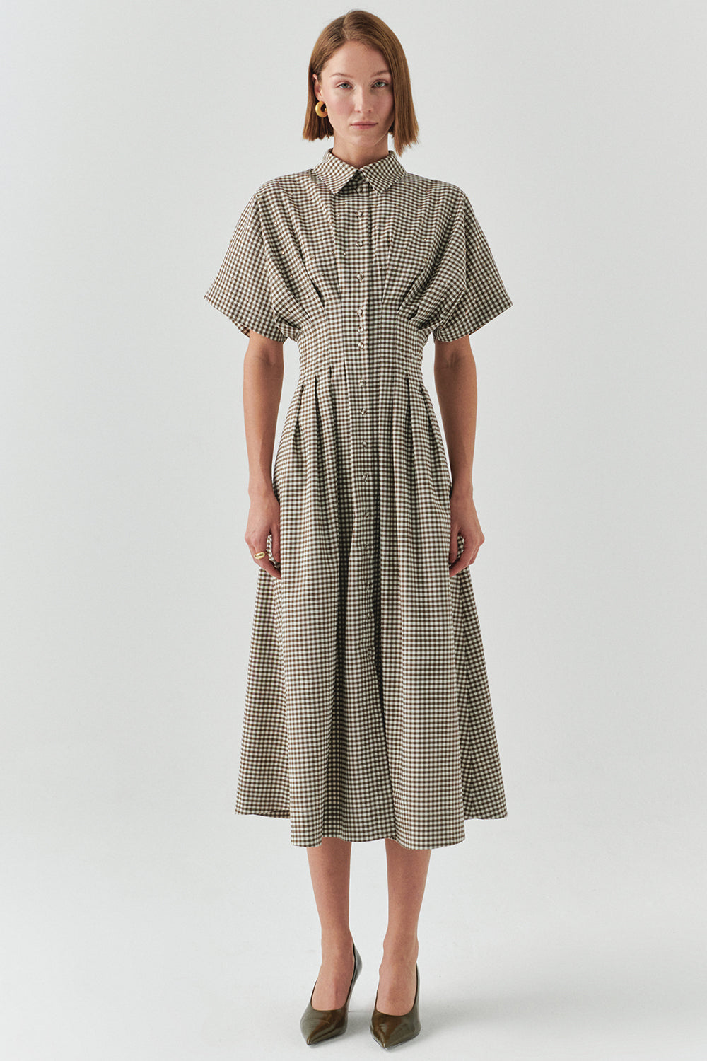 Exquise-Desenli Bele Oturan Düşük Omuzlu Taş Baskılı Regular Midi Elbise-ELBİSE-2-Milagron.com