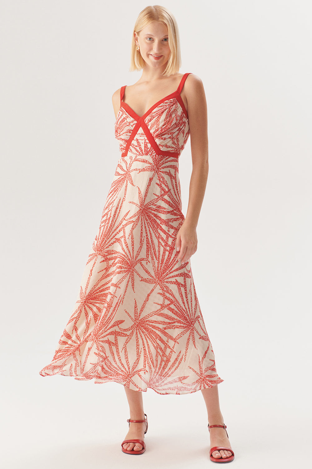 Exquise-Desenli Kırmızı Biyeli Askılı Regular Midi Rayon şifon Elbise-ELBİSE-1-Milagron.com