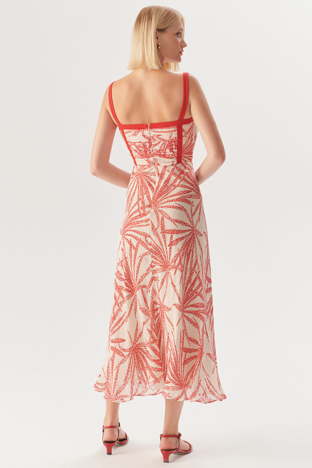 Exquise-Desenli Kırmızı Biyeli Askılı Regular Midi Rayon şifon Elbise-ELBİSE-4-Milagron.com