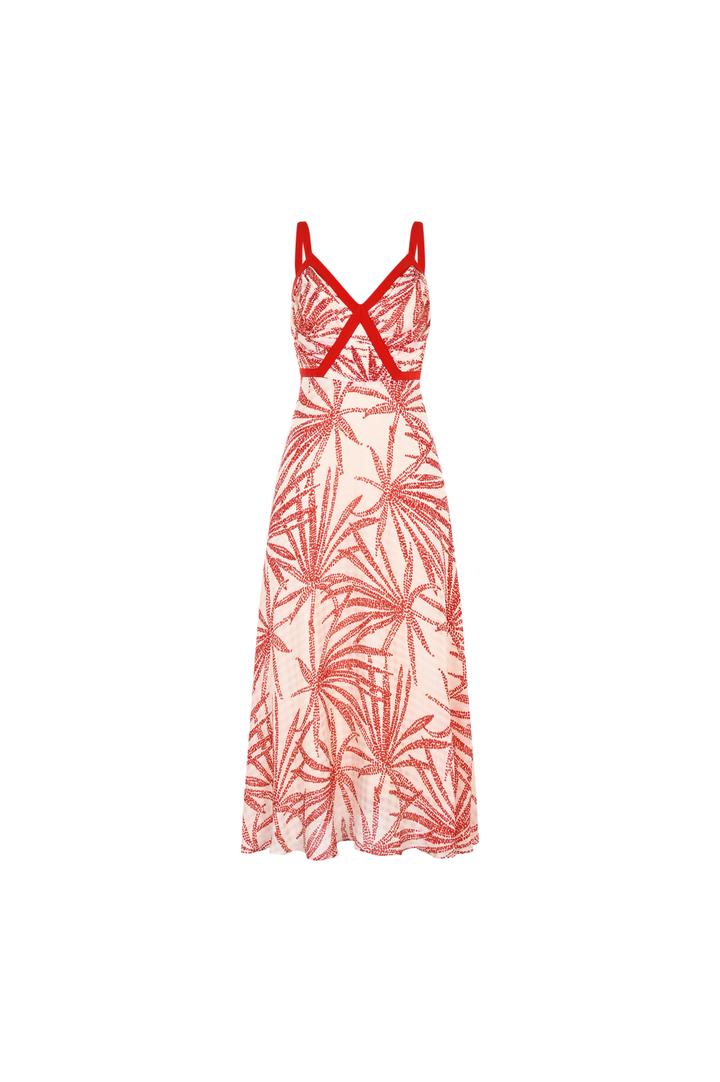 Exquise-Desenli Kırmızı Biyeli Askılı Regular Midi Rayon şifon Elbise-ELBİSE-6-Milagron.com