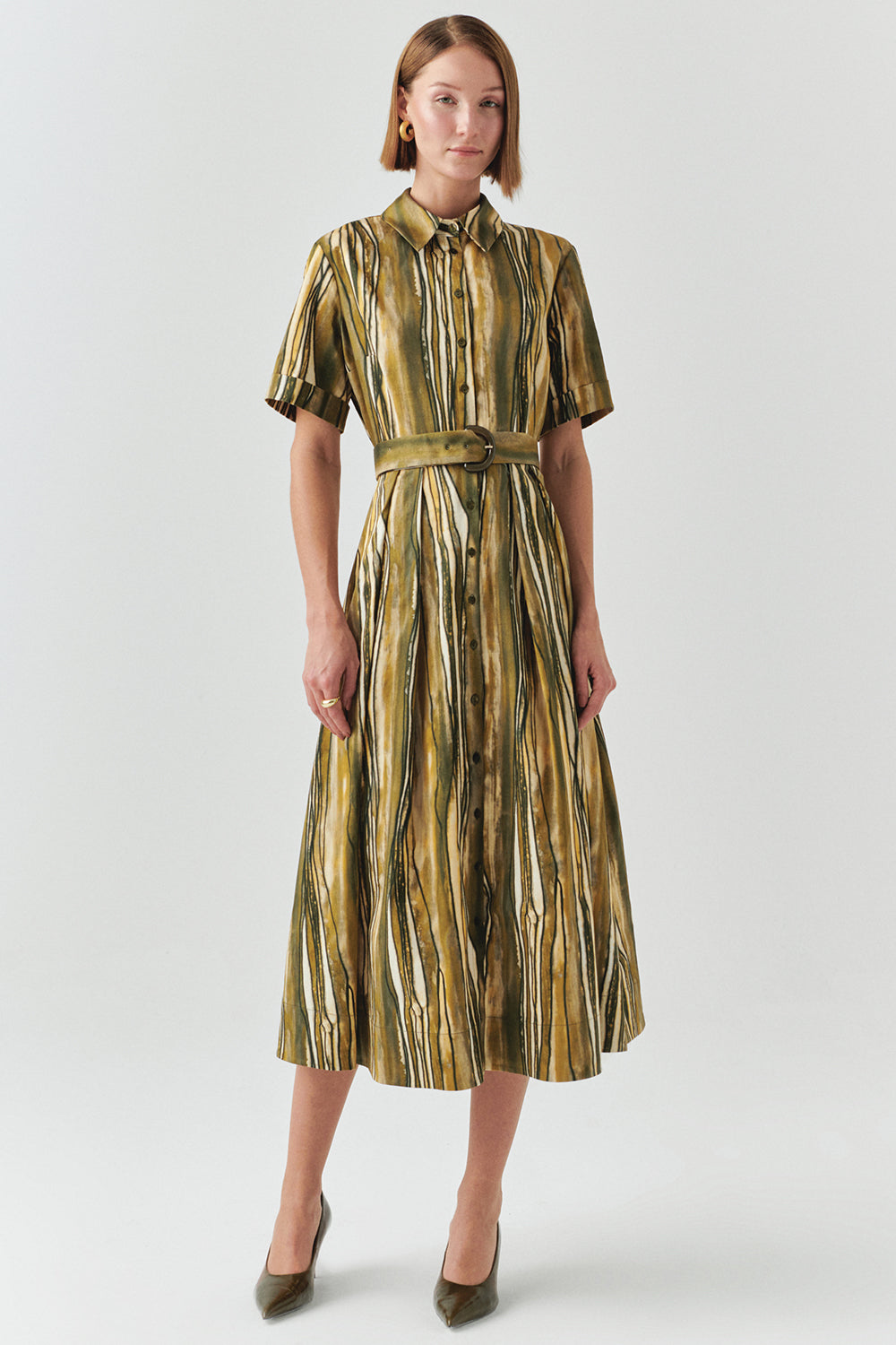 Exquise-Desenli Kısa Kol Beli Kemerli Regular Midi Elbise-ELBİSE-1-Milagron.com