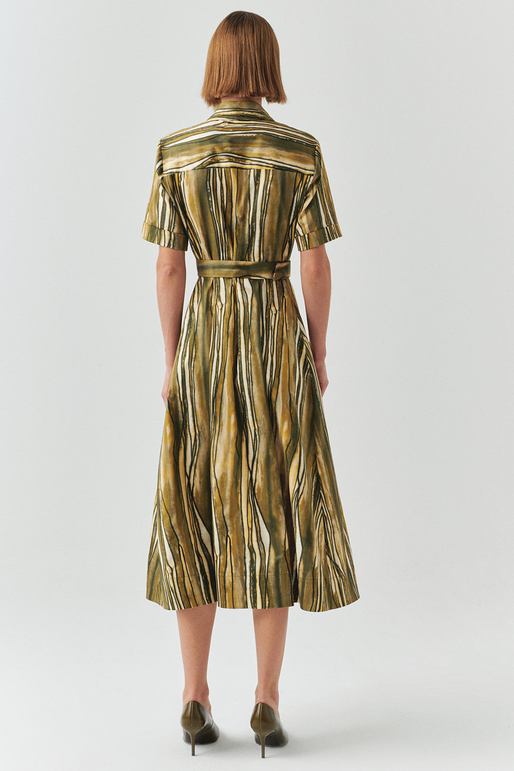 Exquise-Desenli Kısa Kol Beli Kemerli Regular Midi Elbise-ELBİSE-4-Milagron.com