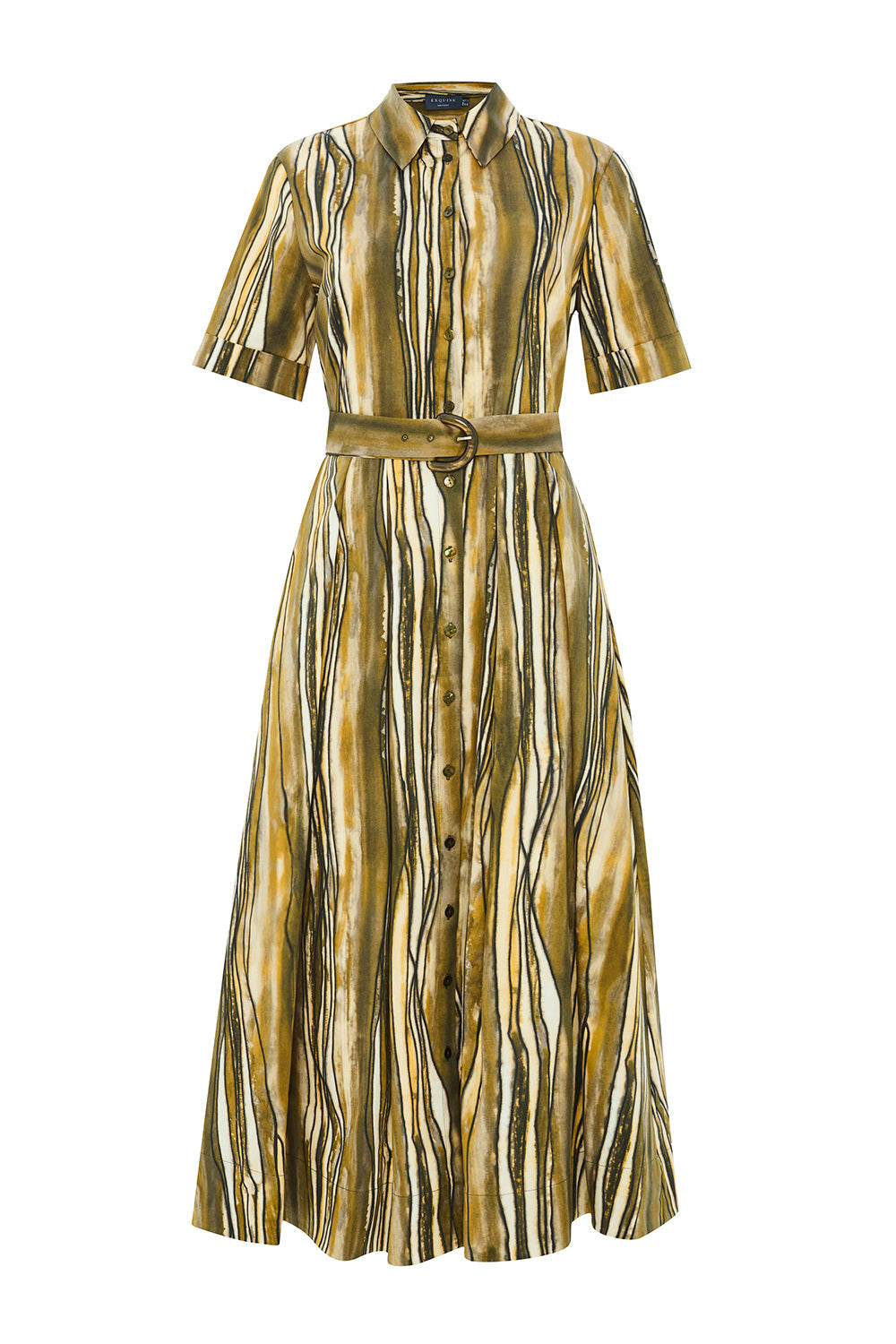 Exquise-Desenli Kısa Kol Beli Kemerli Regular Midi Elbise-ELBİSE-7-Milagron.com