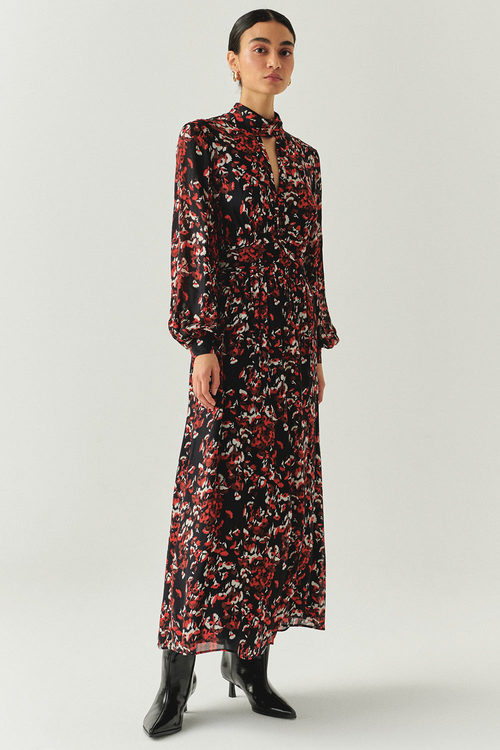 Exquise-Desenli Uzun Kollu Damla Yaka Slim Fit Astarlı Midi Elbise-ELBİSE-3-Milagron.com