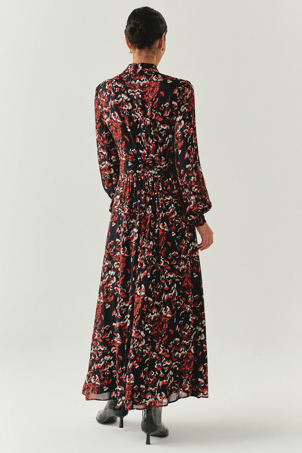 Exquise-Desenli Uzun Kollu Damla Yaka Slim Fit Astarlı Midi Elbise-ELBİSE-4-Milagron.com