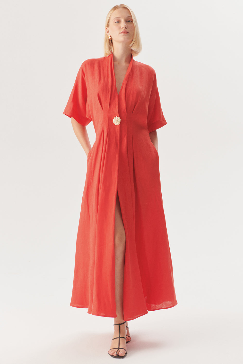 Exquise-Düğme Detaylı Bele Oturan A Kesim Maxi Keten Elbise-ELBİSE-1-Milagron.com