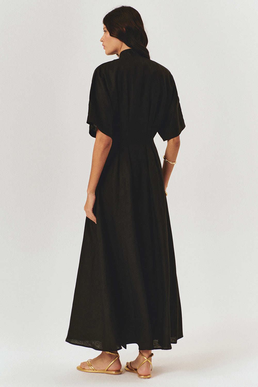 Exquise-Düğme Detaylı Bele Oturan A Kesim Maxi Keten Elbise-ELBİSE-12-Milagron.com