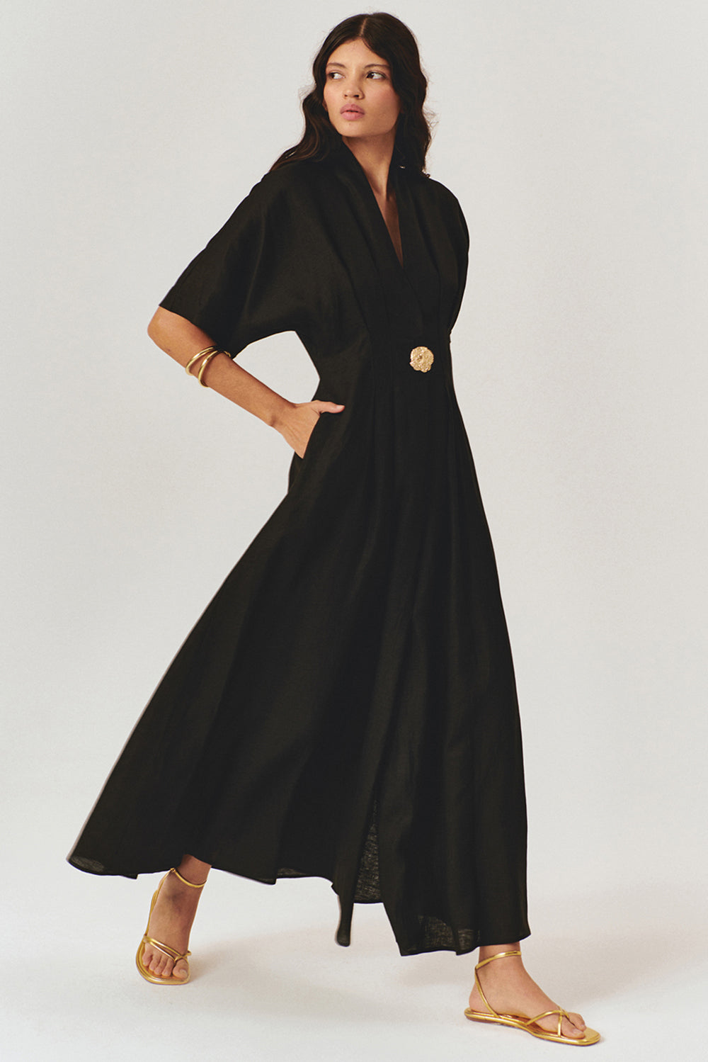 Exquise-Düğme Detaylı Bele Oturan A Kesim Maxi Keten Elbise-ELBİSE-9-Milagron.com