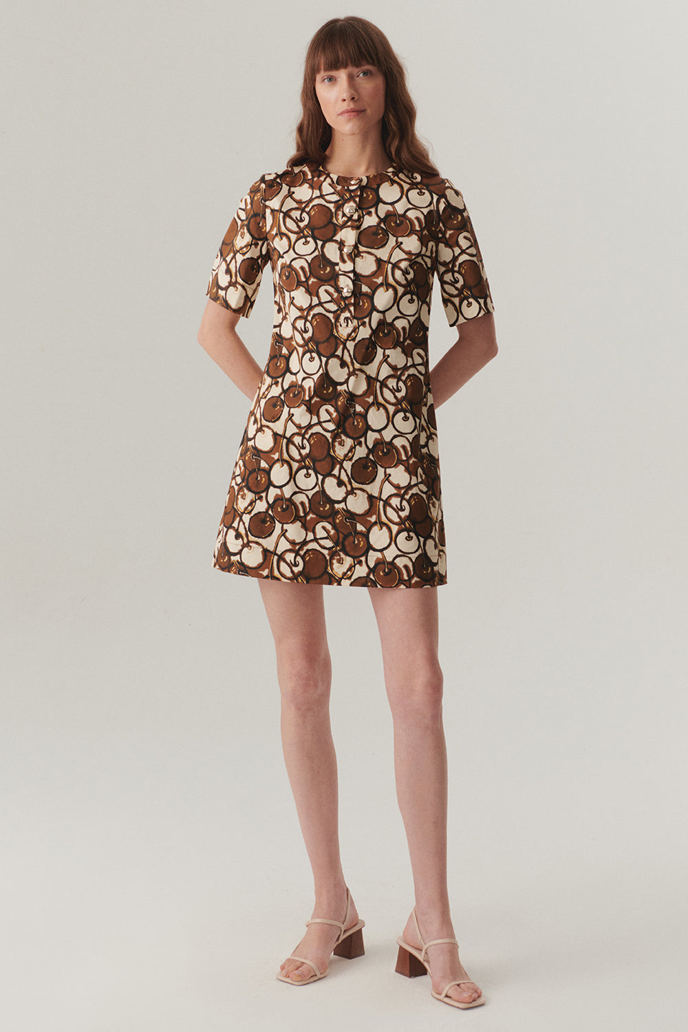 Exquise-Düğmeli Bisiklet Yakalı Kısa Kol Desenli Mini Elbise-Elbise-3-Milagron.com