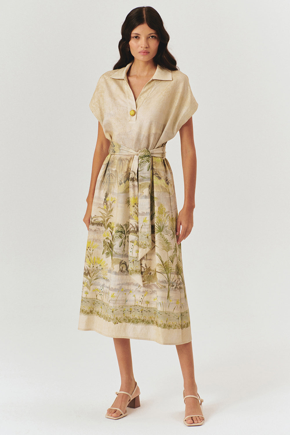 Exquise-Düşük Kol Desenli Kuşaklı Midi Boy Elbise-ELBİSE-2-Milagron.com