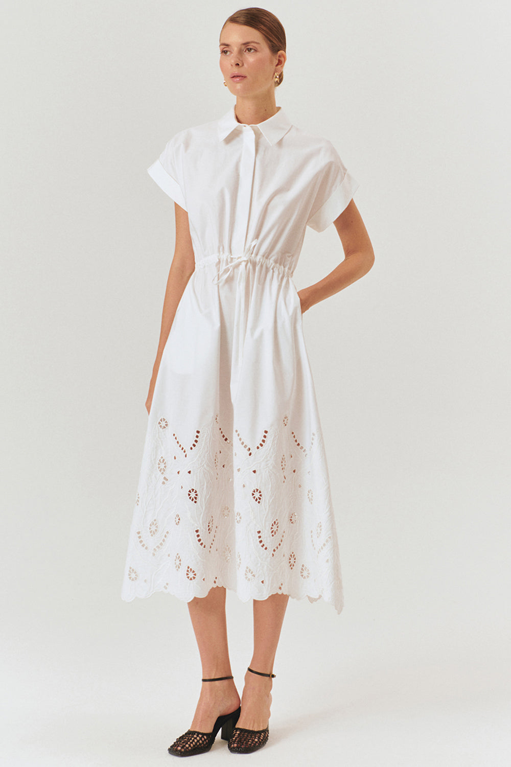 Exquise-Düşük Kol Fisko Detaylı Pamuklu Rahat Kalıp Elbise-ELBİSE-1-Milagron.com