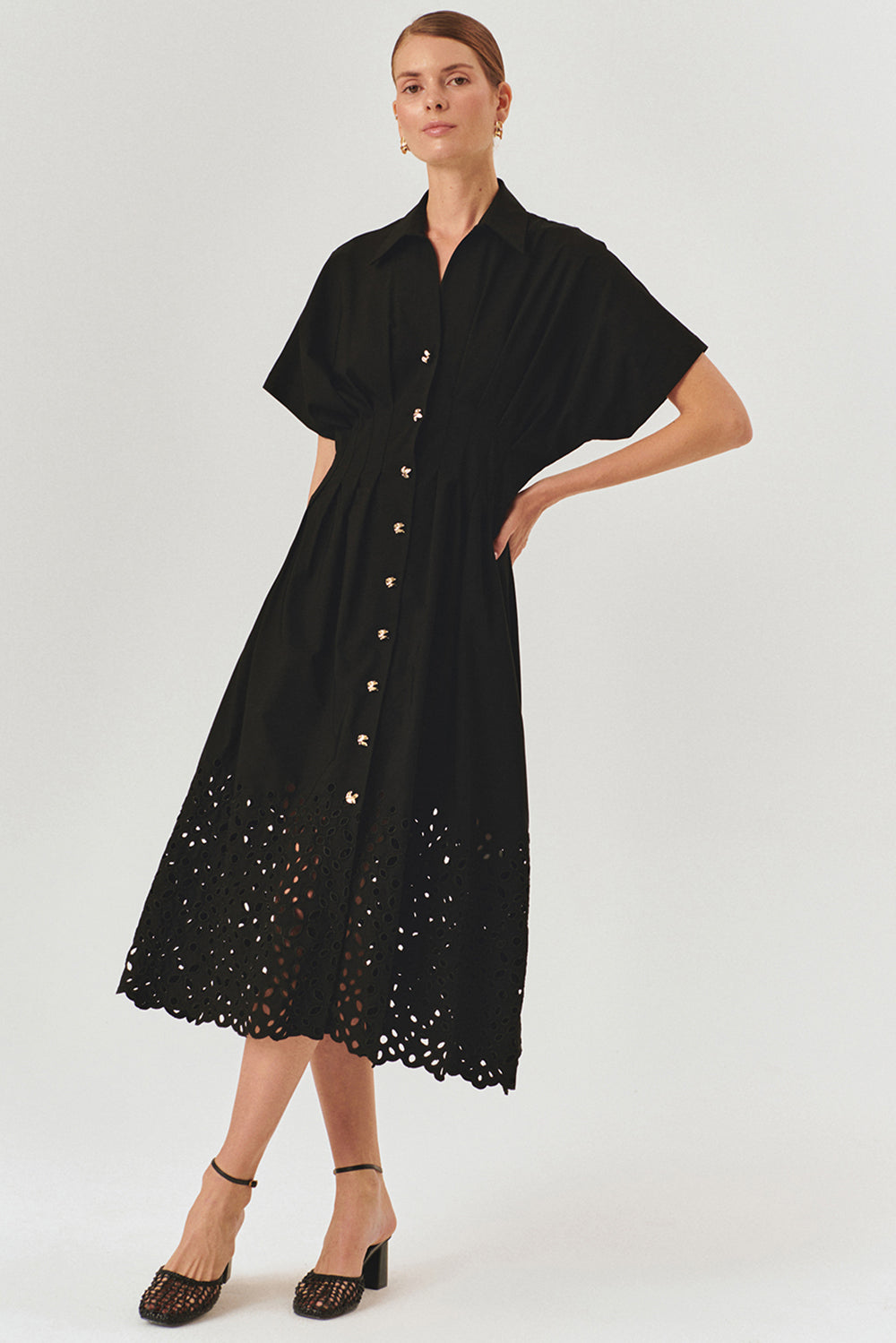 Exquise-Düşük Kol önden Düğmeli Etek Uçları Fistolu Bele Oturan Midi Boy Gömlek Elbise-ELBİSE-9-Milagron.com