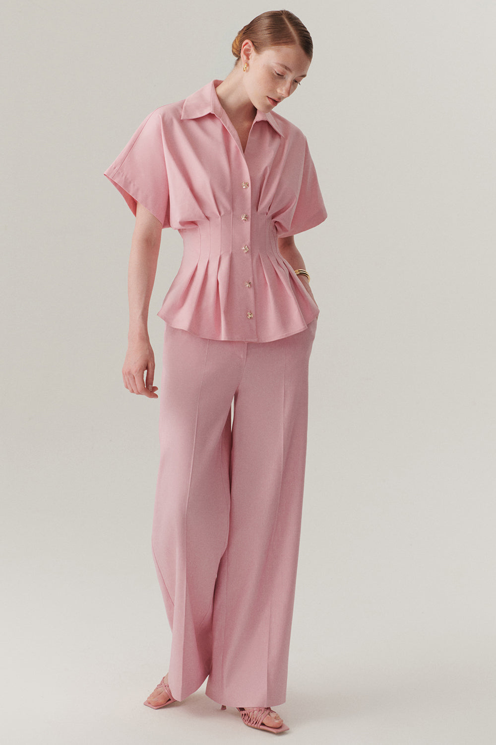 Exquise-Düşük Kollu Bele Oturan Pileli Poplin Gömlek-Gömlek-2-Milagron.com