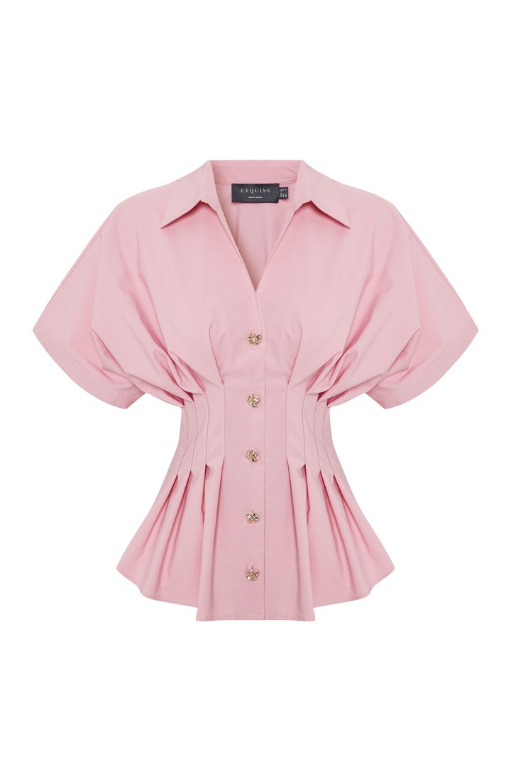 Exquise-Düşük Kollu Bele Oturan Pileli Poplin Gömlek-Gömlek-6-Milagron.com