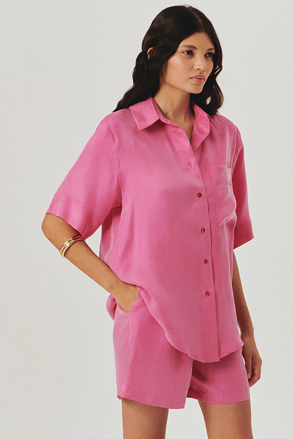 Exquise-Düz Kesim Lyocell Regular Pembe Gömlek-Gömlek-4-Milagron.com