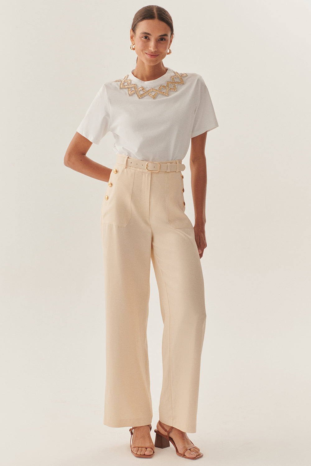 Exquise-Düz Kesim Uyumlu Kemerli Yüksek Bel Bej Pantolon-Pantolon-1-Milagron.com