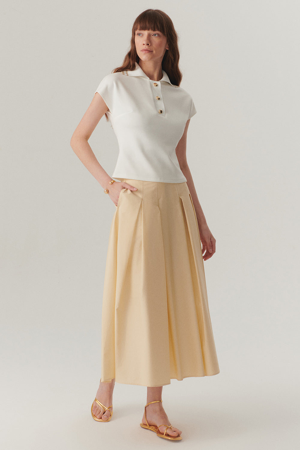 Exquise-Ekru Düğme Detaylı Polo Yaka Regular örme Tişört-T-Shirts-3-Milagron.com