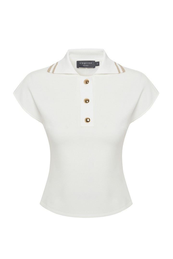 Exquise-Ekru Düğme Detaylı Polo Yaka Regular örme Tişört-T-Shirts-6-Milagron.com