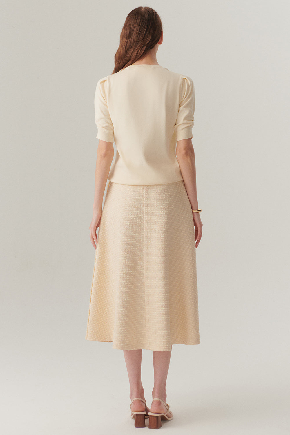 Exquise-Ekru Renk Dokulu Kumaş Diz Altı Kloş Etek-Etek-4-Milagron.com