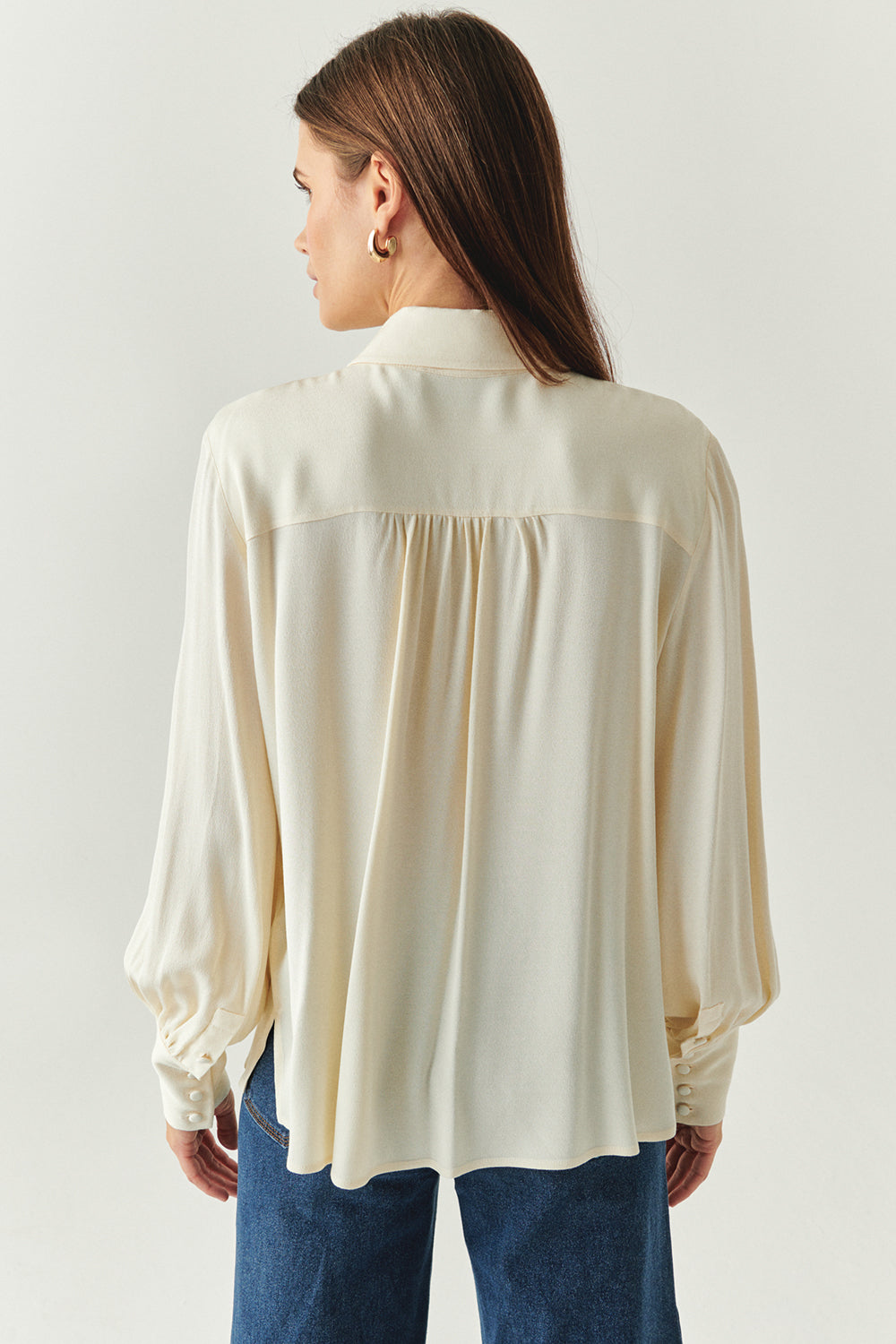 Exquise-Fular Detaylı Düğmeli Regular Uzun Kollu Viskon Ekru Gömlek-GÖMLEK-3-Milagron.com