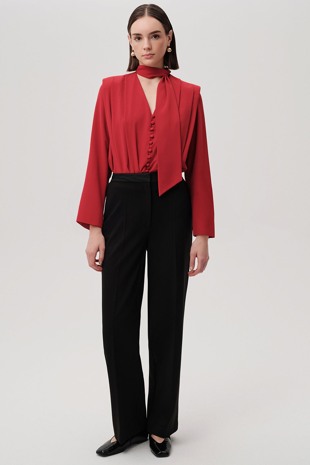 Exquise-Fular Yaka Drapeli Regular Uzun Kollu Kırmızı Bluz-BLUZ-6-Milagron.com