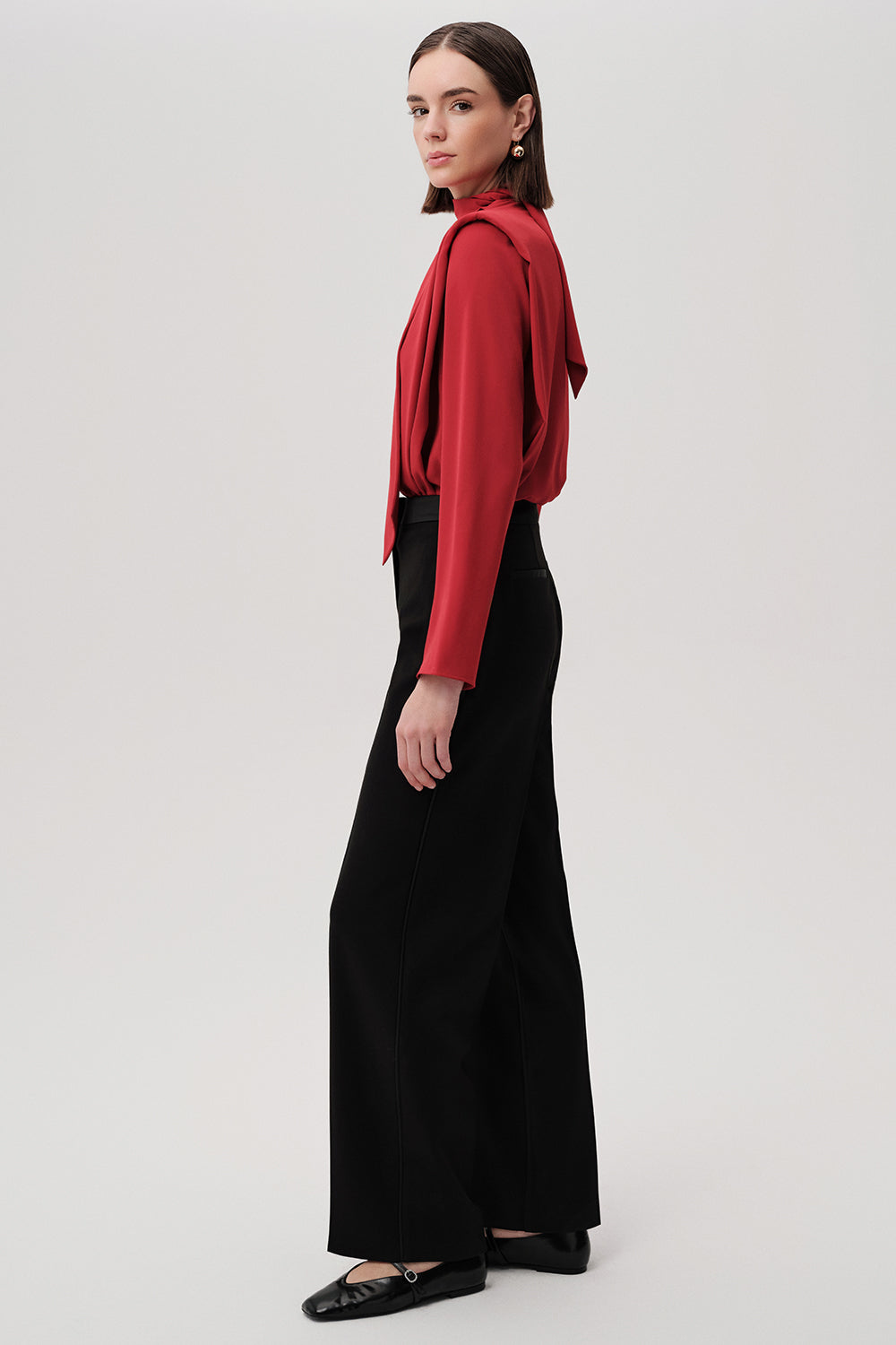 Exquise-Fular Yaka Drapeli Regular Uzun Kollu Kırmızı Bluz-BLUZ-8-Milagron.com